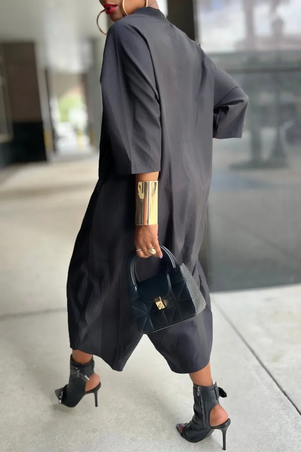 Women Plus Size Jumpsuit Business Casual Black Shirt Collar 3/4 Sleeve Pocket  Harem Pants Rompers Single Breasted Loose Outfits