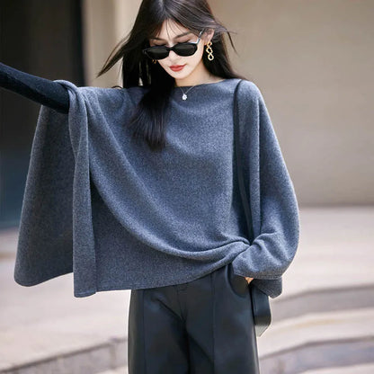Autumn New 100% Merino Wool Shawl Pullover For Women Soft Solid Cashmere Knitwear Shawl Scarf Female Popular Sweater Grace Tops