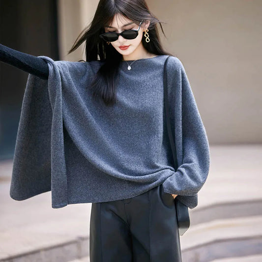 Autumn New 100% Merino Wool Shawl Pullover For Women Soft Solid Cashmere Knitwear Shawl Scarf Female Popular Sweater Grace Tops
