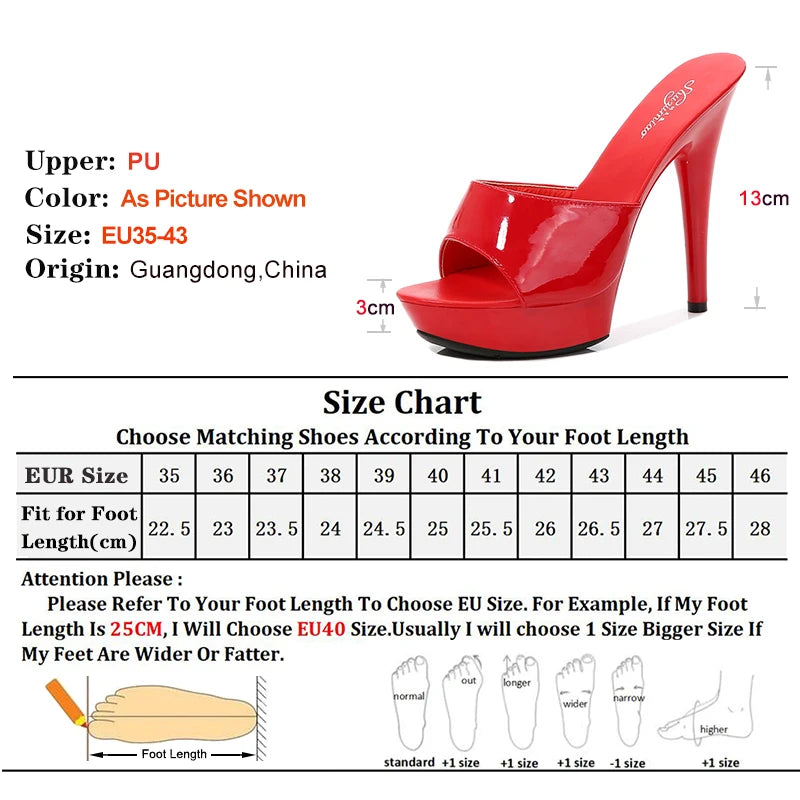 13CM Womens Slippers Mule Patent Leather Sandals Sexy Slides Party Shoes Woman Luxury Red Sandals Summer Platform Bottom Pumps