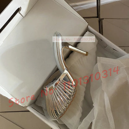 Cage Round Toe Metallic Mules Women New In Sexy Luxury High Heel Shoes Female Thin Strap 2023 Summer Elegant Chic Solid Slippers
