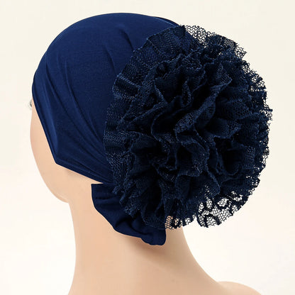 Muslim Women's Hijabs with Lace Chiffon Panhua Solid Color Thin Bottom Hat Islam Head Wrapping Tie Back Turban Female Headband