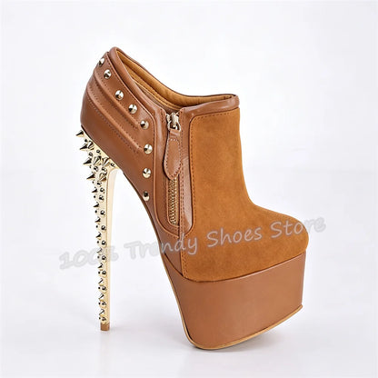 Gold Spikes Rivet Stiletto High Heel Ankle Boots Women Platform Faux Suede Patchwork Side Zipper Short Boots Plus Size 34-46