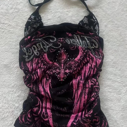 Sexy Hottie Y2k Aesthetic Rose Print Halter Vest Women Vintage Slim Fit Camis Outerwear Crop Top Harajuku Hotsweet Short Tanks