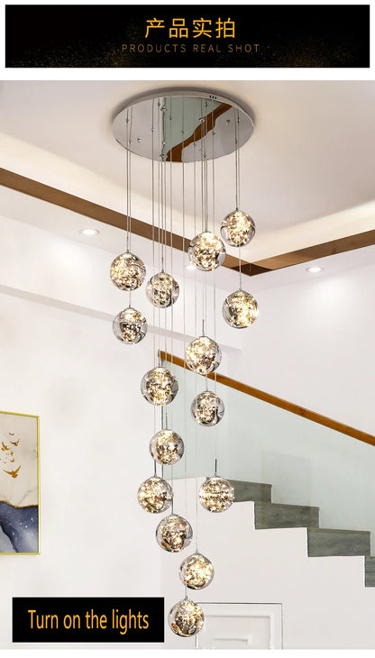 Modern LED Chandelier Glass Ball Dimmable Pendant Lamp for Staircase Living Room Home Decor Suspension Lighting Design Lusters