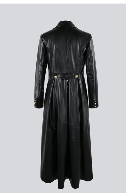 Nerazzurri Extra Long Red Black Pu Leather Trench Coat for Women with Gold Button Double Breasted Luxury Elegant Chic Overcoat