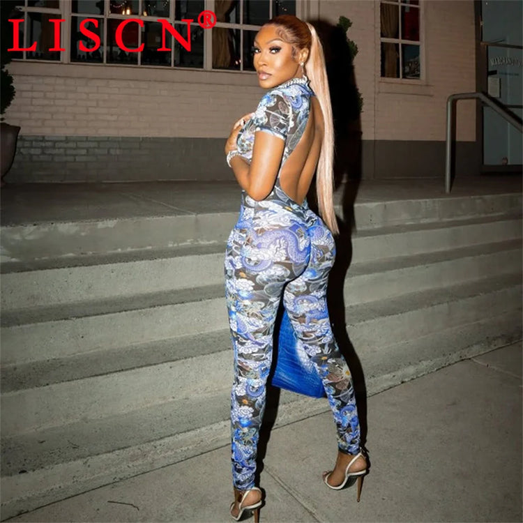 10 Wholesale Items Jumpsuits Women Summer 2025 Short Sleeve Bodycon Sexy Y2k Printing Mesh See Through Backless Rompers K15151