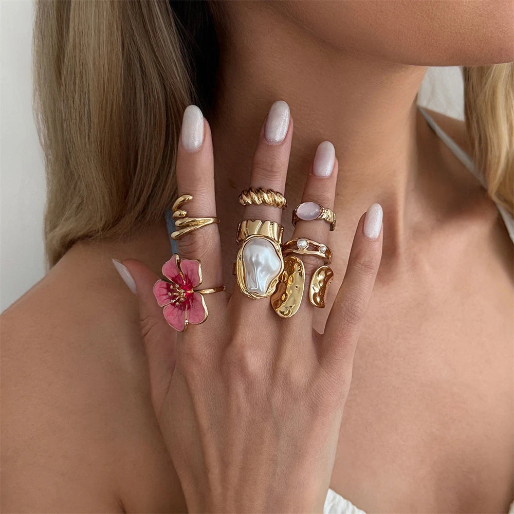 8Pcs/Set Vintage Pink Metal Flower Ring Set for Women Punk Elegant Baroque Pearl Knuckle Joint Ring Party Daily Wear Jewelry