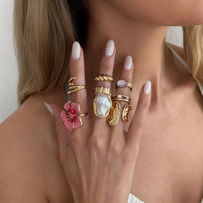 8Pcs/Set Vintage Pink Metal Flower Ring Set for Women Punk Elegant Baroque Pearl Knuckle Joint Ring Party Daily Wear Jewelry
