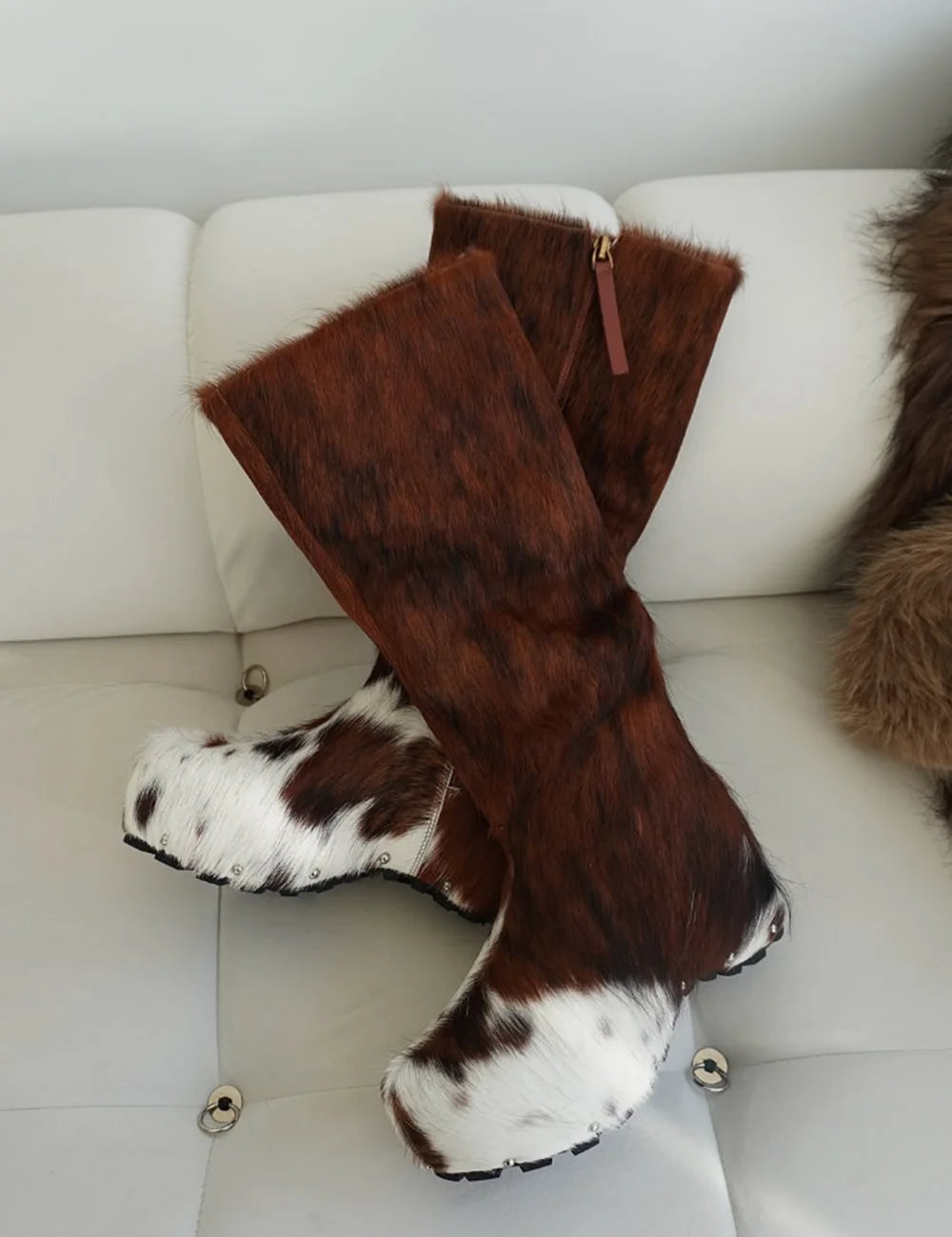 Western Style Side Zip Closure Print Tall Boots Brown White Cow Knee High Boots Metal Rivets Round-Toe Height-Increasing Design