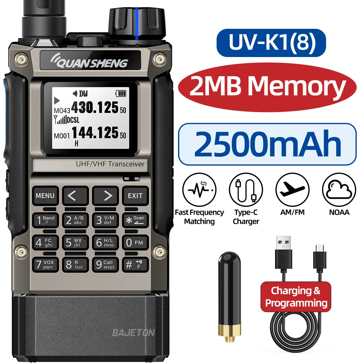 Quansheng UV-K1(8) Multi-Band Walkie Talkie 2MB Flash Wireless Copy Frequency Long Range Type-C Charger for Quansheng UVK5 K6