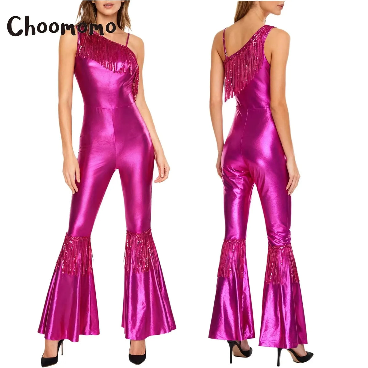 Womens Vintage 70s 80s Disco Dance Jumpsuit Sequin Tassels One Shoulder Hippie Bell Bottom Bodysuit Metallic Shiny Jazz Rompers
