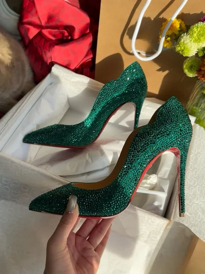 High Heels Women 2025 Spring New gold Sexy Pointy French Thin With Single Shoes Women Crystal Wedding Shoes Women Red Sole Shoe