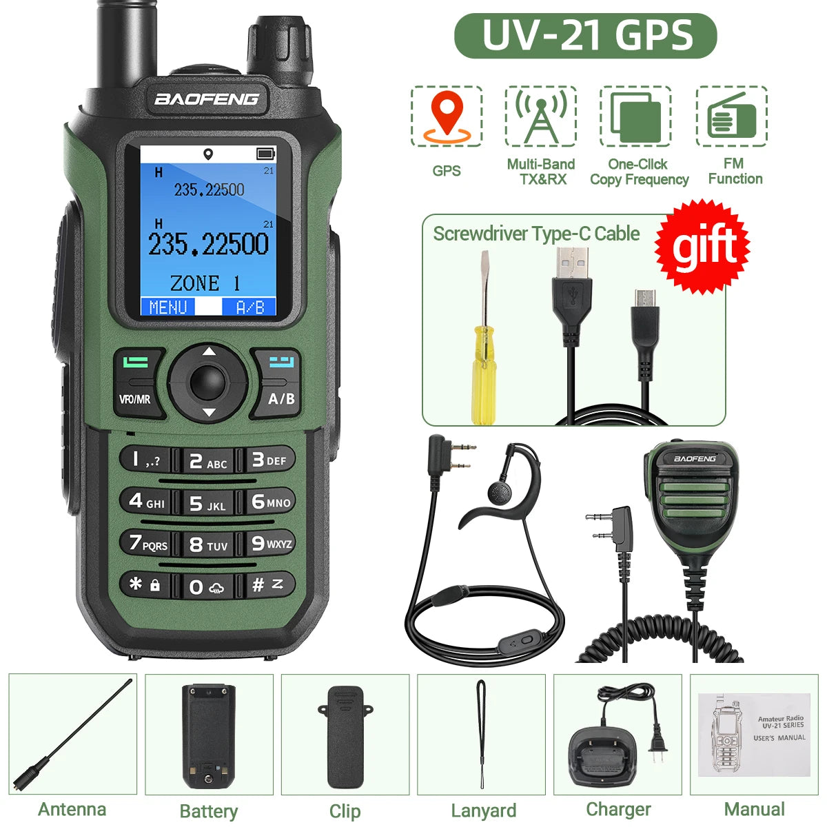 Baofeng UV-21 PRO Walkie Talkie GPS Portable Long Range Mutli-Band Wireless Copy Frequency Type-C Charger Radio Upgrade UV17 PRO