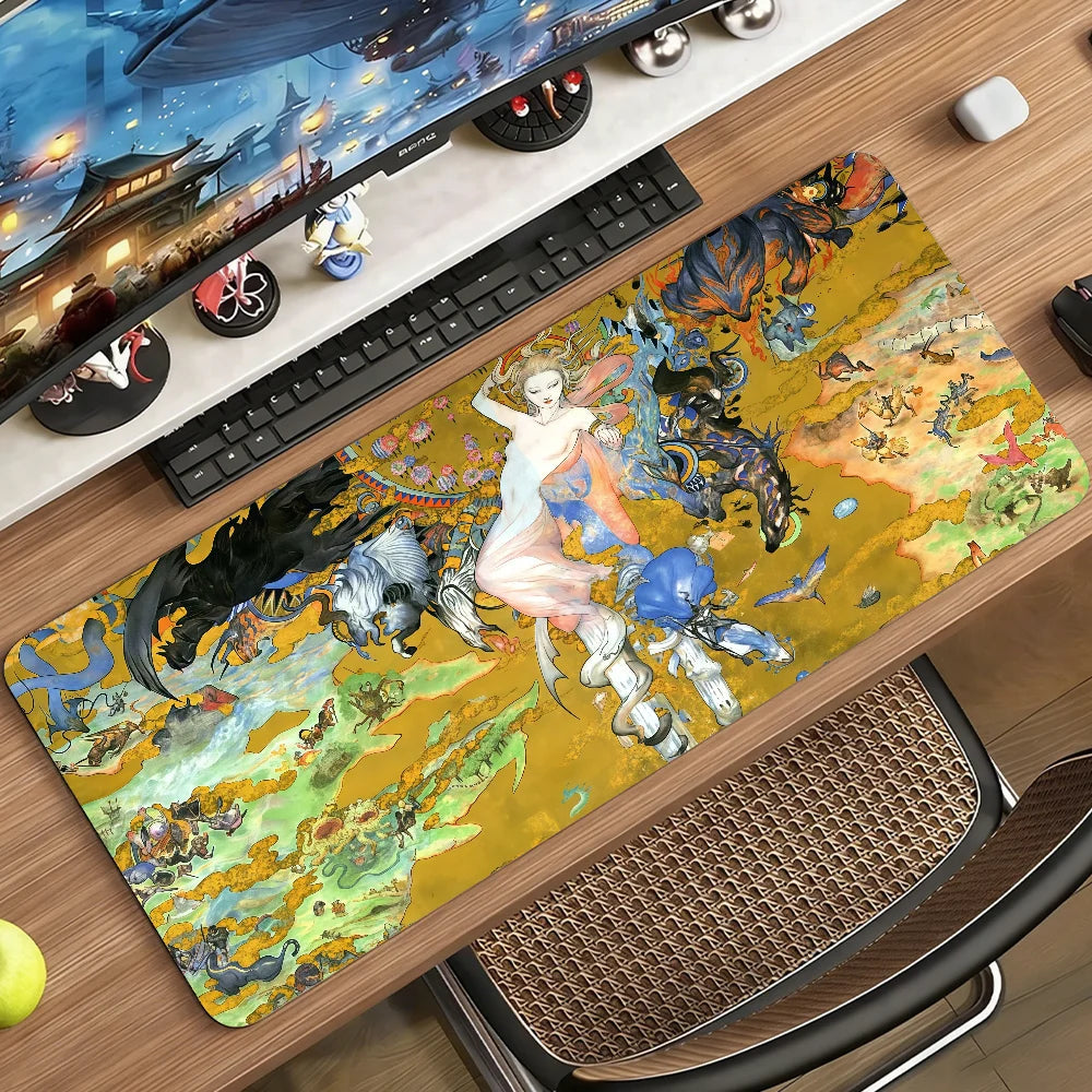 Gaming Mouse Pad, Large Desk Mat, Anti-slip Rubber Base, Stitched Edges, Golden Fantasy Art Print for Gaming & Office Desk Use
