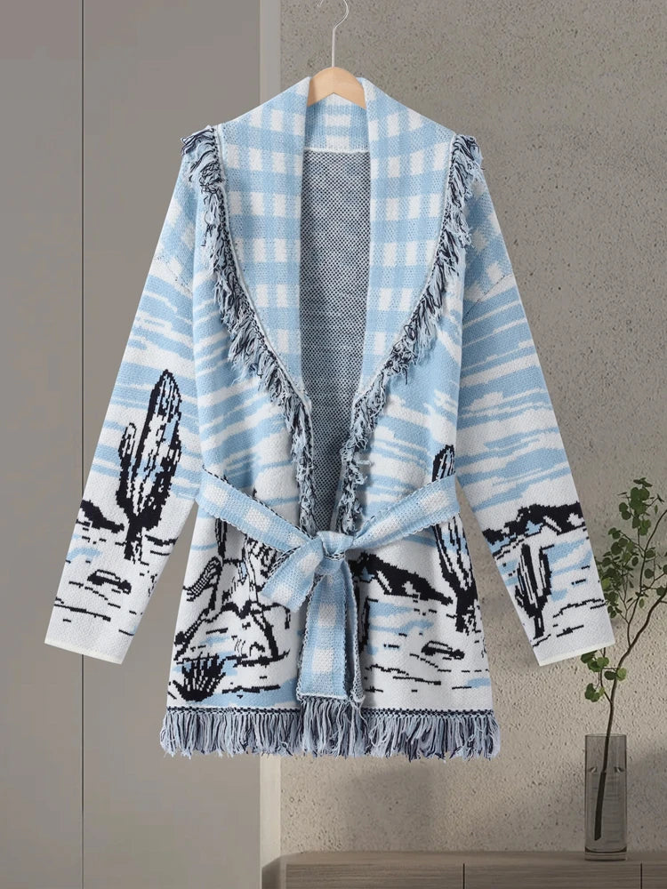 Casual Print Knit Cardigan Women V Neck Long Sleeves Tassels Belts Loose Sweater Female 2026 Autumn Winter Chic Warm Knitwears