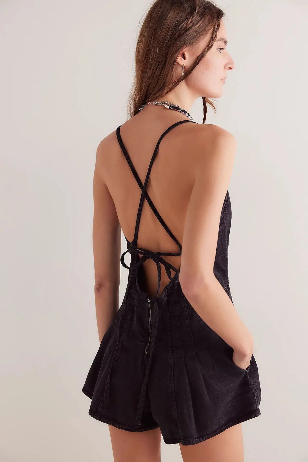 Women Summer Y2K Retro V-Neck Denim Shorts Jumpsuits Cross Tied Zip-up Backless Loose Wide Leg Playsuit Cute Rompers