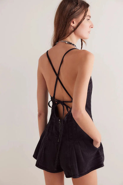 Women Summer Y2K Retro V-Neck Denim Shorts Jumpsuits Cross Tied Zip-up Backless Loose Wide Leg Playsuit Cute Rompers