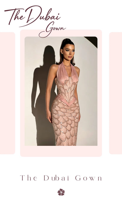 Elegant Pink Halter Neck Strapless Sleeveless Floor Length Mermaid Formal Gown Featuring Sequin and Bead Embellishments