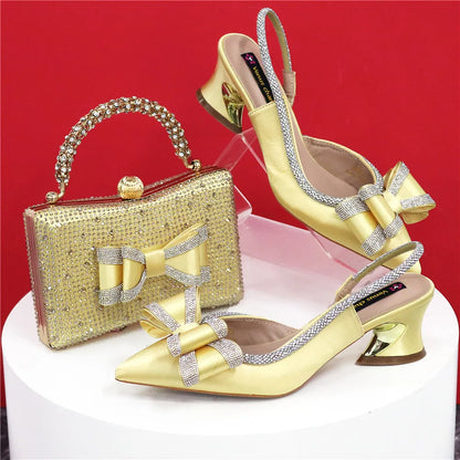 Med Heel Shoes for Women Hollowed Out Embroidery Rhinestone Italian Design Olive-green Color Pointed-Toe Shoes and Bags Set