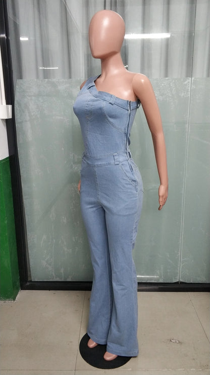High Street Jeans Stretch Romper Sexy Women One Shoulder Elegant Denim Casual Romper Overalls