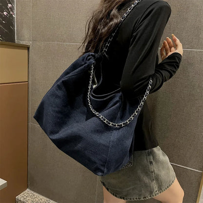 Chic Style Big Chain Shoulder Tote Bags For Women 2023 Luxury Designer Handbags Denim Fabric Pure Color Large Capacity Shoppers