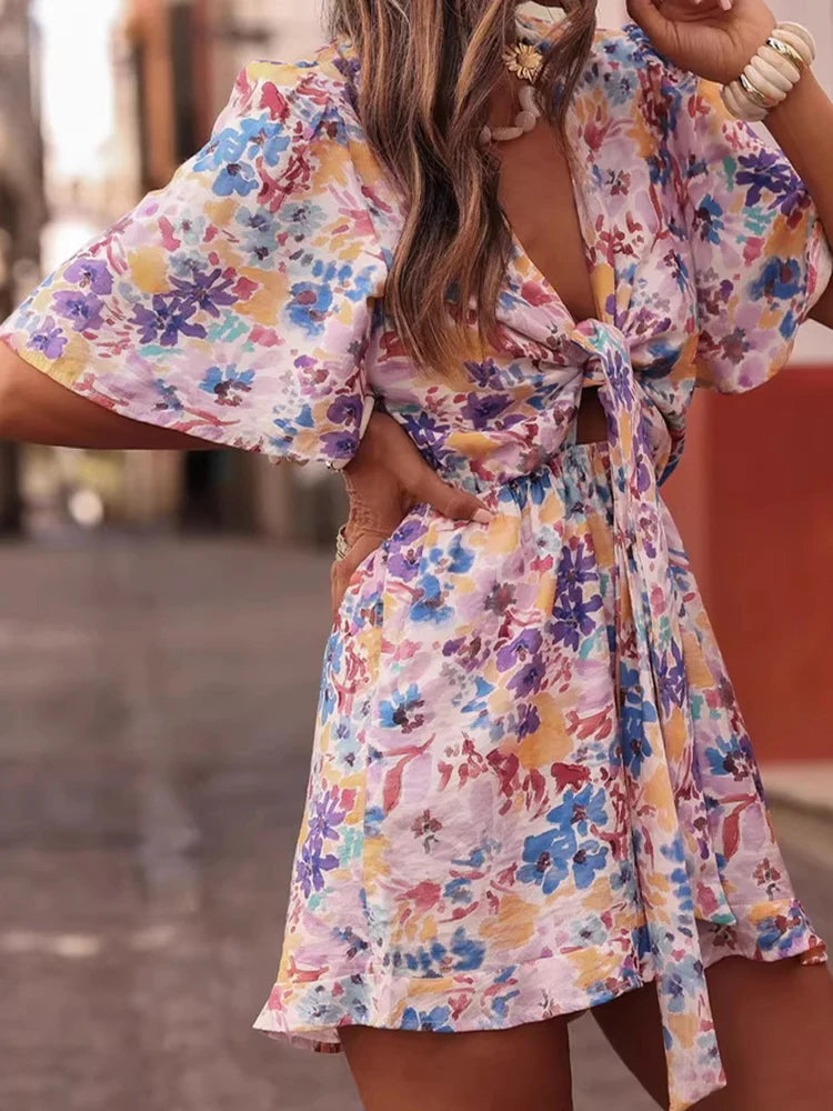 Elegant V-neck Short Sleeve Vacation Rompers Lady High Waist Loose Playsuits Bohemian Style Pattern Printed Lace Up Jumpsuits