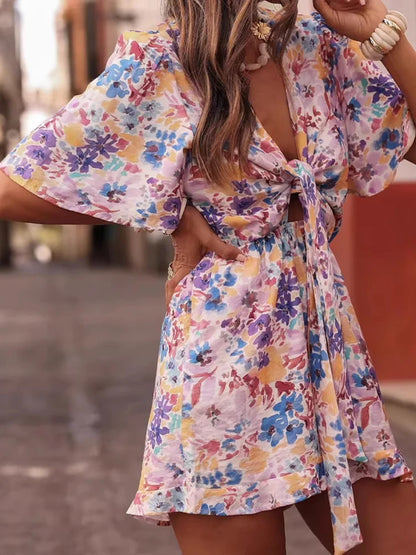 Elegant V-neck Short Sleeve Vacation Rompers Lady High Waist Loose Playsuits Bohemian Style Pattern Printed Lace Up Jumpsuits