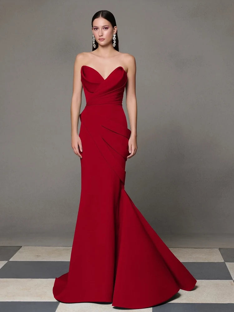 SoDigne Elegant Red Evening Dresses Strapless Sleeveless Pleats Party Dress Simple Mermaid Floor-Length Prom Gowns Customized