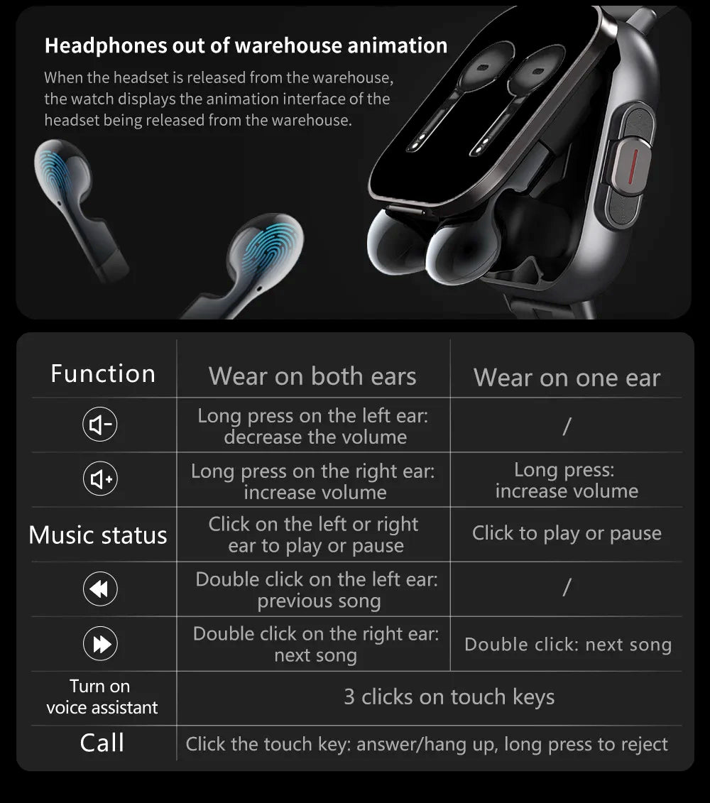 BT Call Blue Tooth Headphones Watches 2.01" Headset 2 in 1 Smart Watch Heart Rate Sport Fitness Bracelet TWS Earphone Smartwatch
