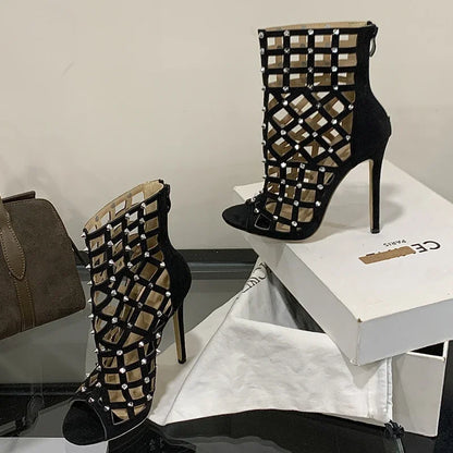 Eilyken 2026 New Street Design Rivet Hollow Out Zipper Ankle Boots Women Sandals Thin Heels Prom Ladies Shoes Botas Mujer