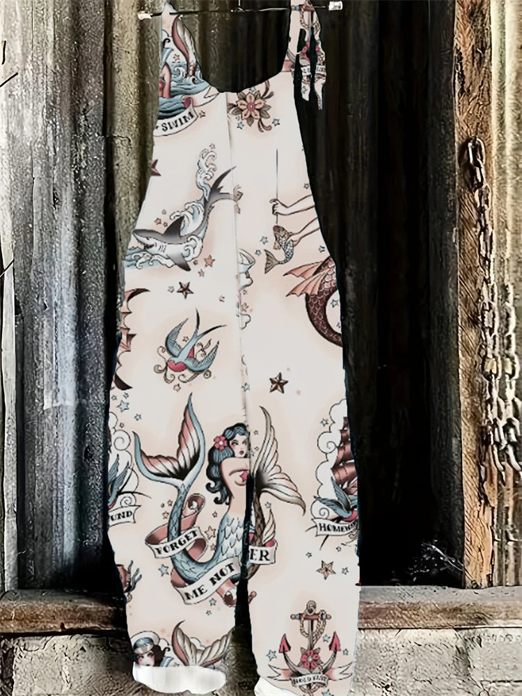 Ocean 3D Mermaid Print Adjustable Jumpsuit Summer Street Fashion Trend Elegant Women Suspender Pants Plus Size Women's