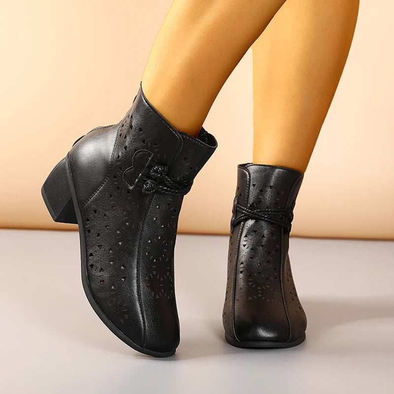 2025 Summer New Women's Fashion Hollow-Out Soft Sole Mid-Heel Ankle Boots, Retro Breathable Comfortable Shoes
