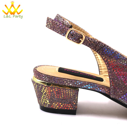 Pink New Arrivals Nigerian Women Shoes and Bag Set Italian Design Low Heels with Crystal Peep Toe Sandals for Party