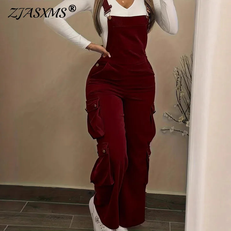 Y2K Casual Solid Strappy Bodysuit Sexy High Waist Ribbed Corduroy Overalls Spring Summer Cargo Pocket Wide Leg Women's Jumpsuits