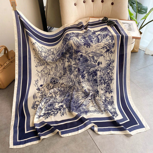 New Faux Silk Scarf for Women 110cm Square Scarf Versatile Printed Decorative Sun Protection Shawl Summer Bandana Wrap