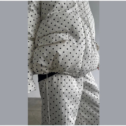 Polka Dots Hooded Cotton Coats Trousers Set 2026 Winter Loose Zippers Drawstring Jacket Elastic Waist Pants Women's Warm Outfits