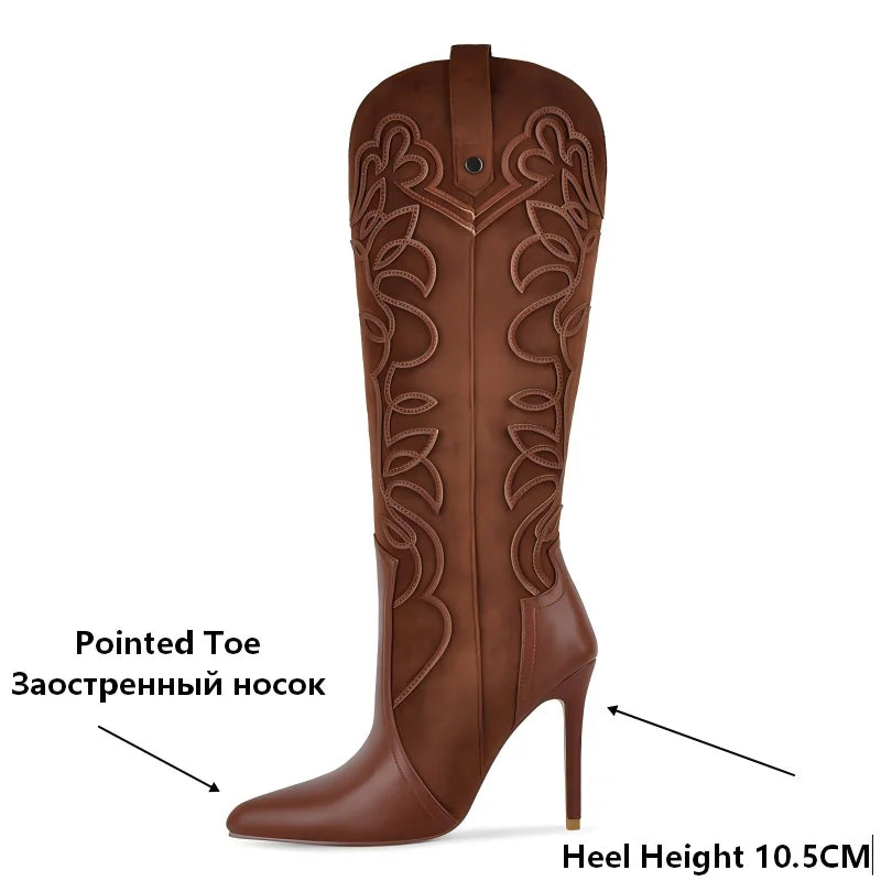 Onlymaker Women Pointed Toe Embroidered  Blue Denim Stiletto Heel Knee High Boots Side Zipper Plus Size Fashion Boots