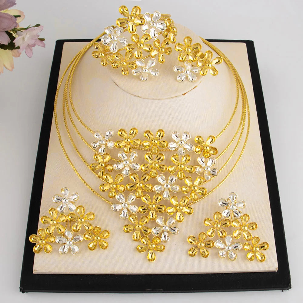 Fashion Silver Gold Color Hollow Shape Necklace Earrings Bracelet Ring Set for Women Exaggerated Design Jewelry Gift for Party