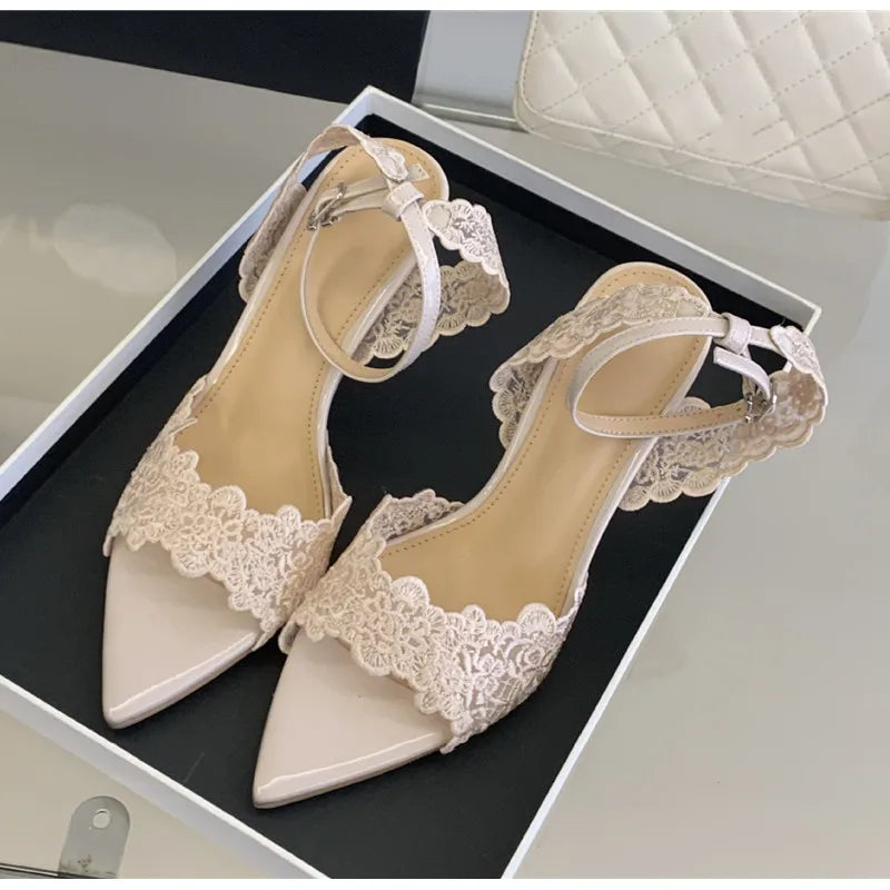 Luxury Lace Embroidery Ankle Strap Buckle Women Gladiator Sandals Elegant Thin High heels Summer Fashion Party Wedding Shoes