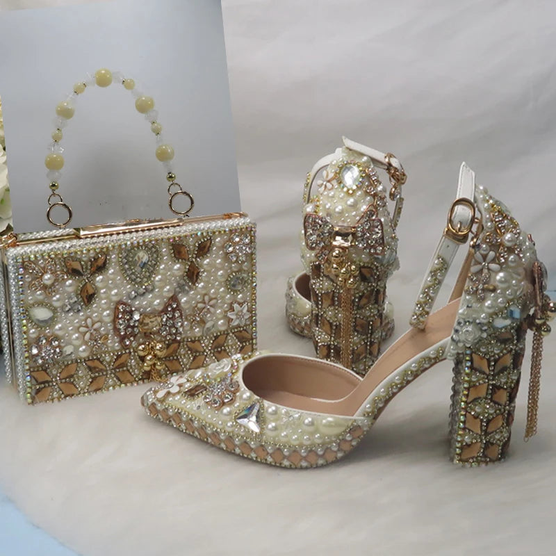 Luxury cyrstal wedding shoes with matching bags woman fashion Thick heel Women party dress shoes Fish beak Women shoes