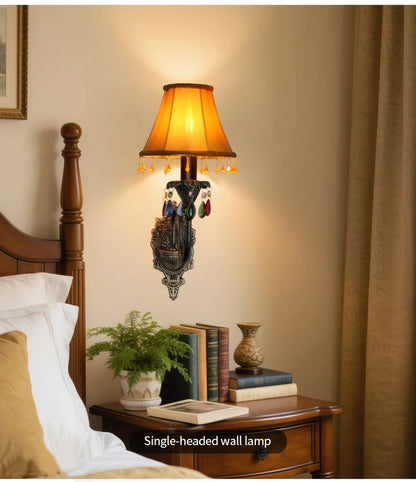 Retro American European Iron Art Red Cloth Crystal Wall Lamp for Hall Restaurant Bedroom Walkway Hotel Bar Decorative Wall Light
