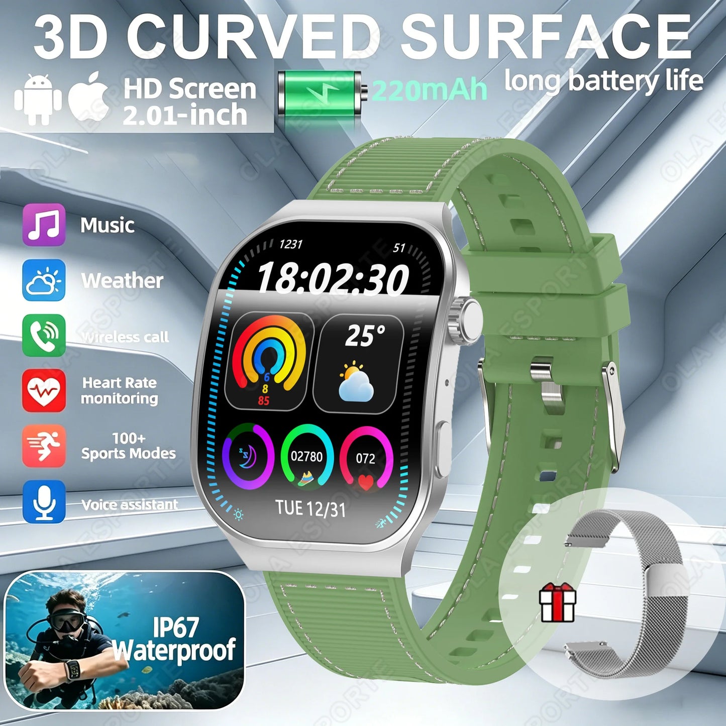 New Curved Screen Women's Smart Watch 2.01'' AMOLED HD Touch Screen Bluetooth5.3 Voice Call Men's Fitness Smart Watch Woman Hw12