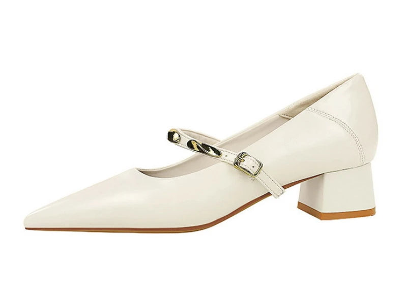 Women Korean Vintage Soft Split Cow Leather Pointed Pumps Simple Single Metal Buckle Strap Mid Chunky Heel Comfort Office Daily