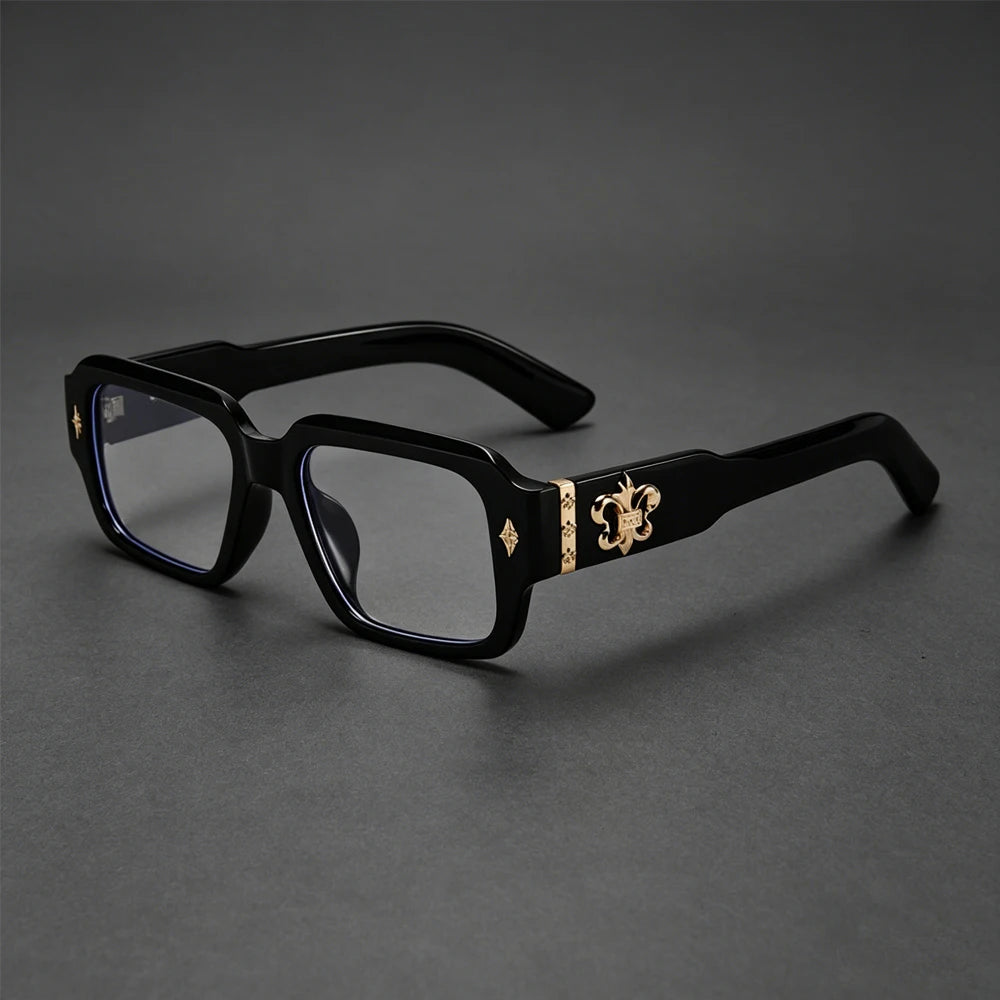 Retro Gothic Square Optical Glasses With Metal Fleur-de-lis Ornament Unisex Fashion Eyeglasses Anti Blue Light Computer Eyewear