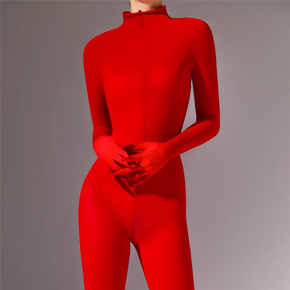 Plus Size Sexy Women 120D Five Finger Glove Sleeve Bodysuit Seamless Tight Warm High Elastic Shaping Cosplay Unisex Fit Jumpsuit
