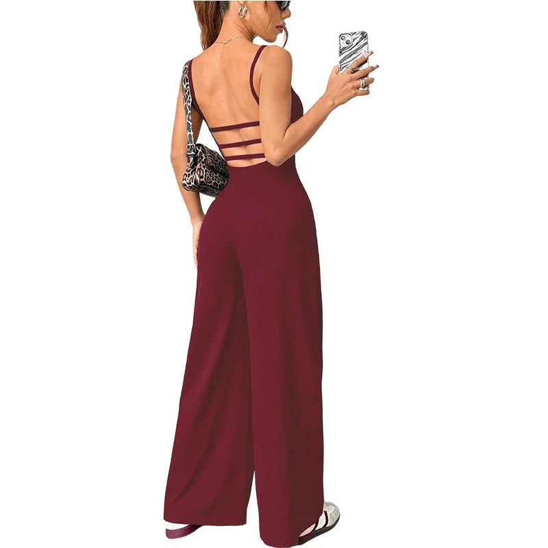 Casual Jumpsuit Jumpsuits For Woman Sling Women's Clothing Solid Color Backless Sleeveless Loose Wide Legs Trouser Simple Style