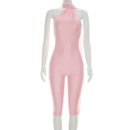 Sexy Backless Ruched Halter Neck Tie Solid Slim Fit Capris Jumpsuit Women Fashion Overalls Playsuits Beach Vacation Clubwear