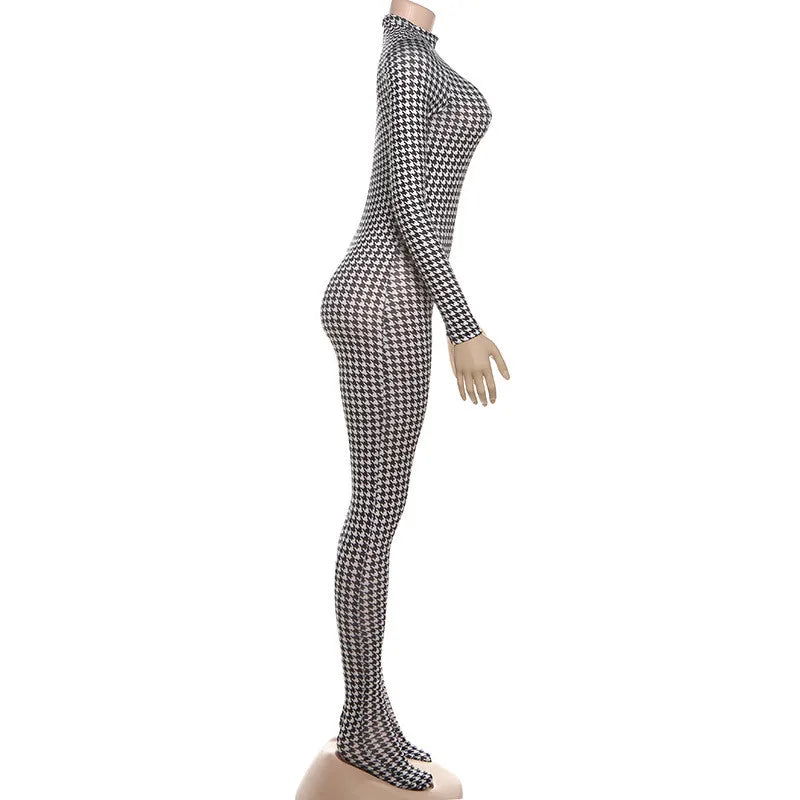 Shestyle Plaid Bodycon Jumpsuits Women with Stocking Sporting Turtleneck Casual Winter Fashion New Zipper Fitness Clothing New