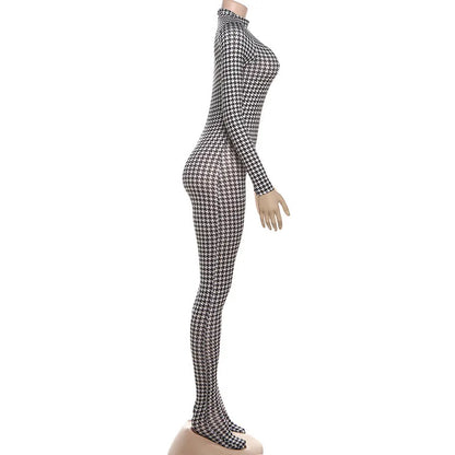 Shestyle Plaid Bodycon Jumpsuits Women with Stocking Sporting Turtleneck Casual Winter Fashion New Zipper Fitness Clothing New